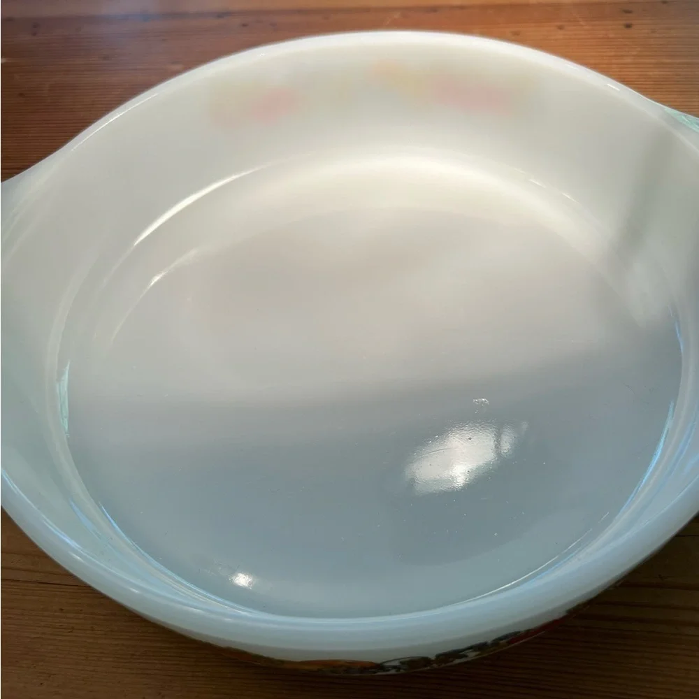 Fire King Anchor Hocking Milk Glass 9 Inch Baking Dish w/Colorful Fruit Design